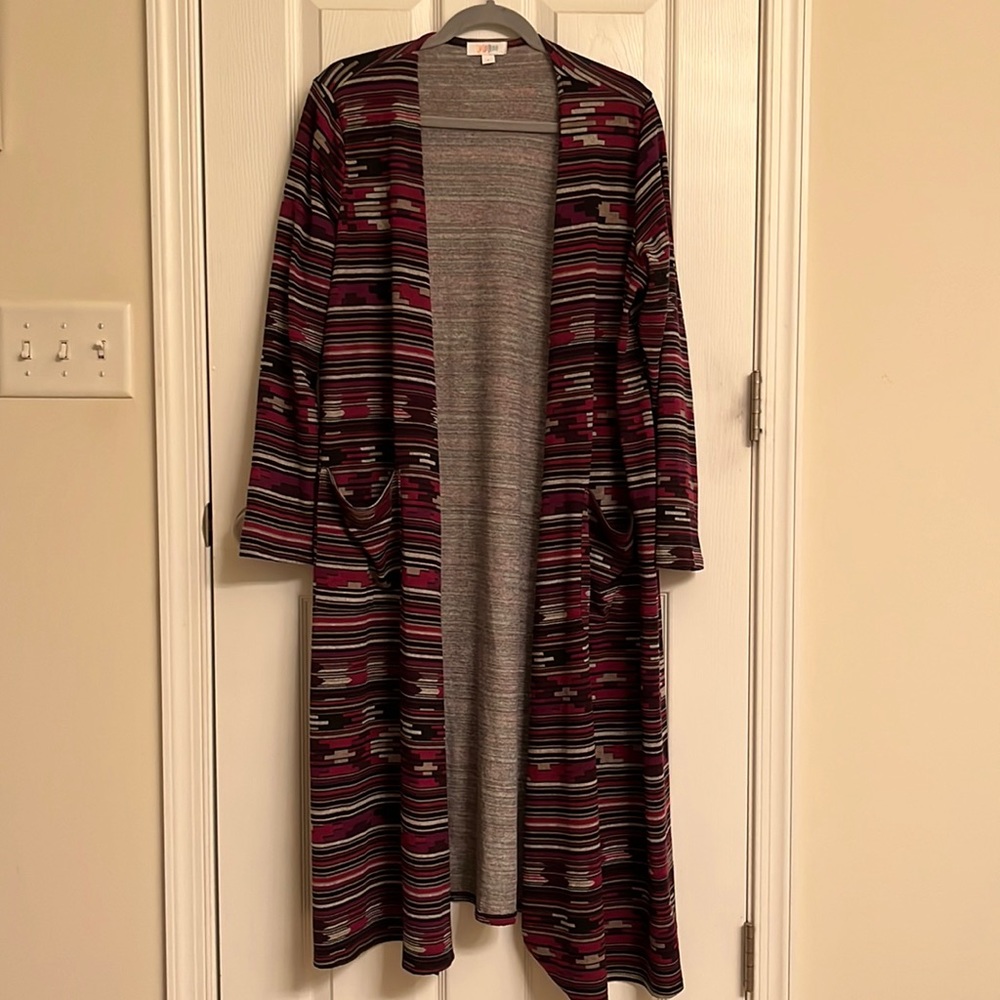 LuLaRoe Red Gray Black Stripe Sarah Open Cardigan Sweater Polyester-Blend 14-16